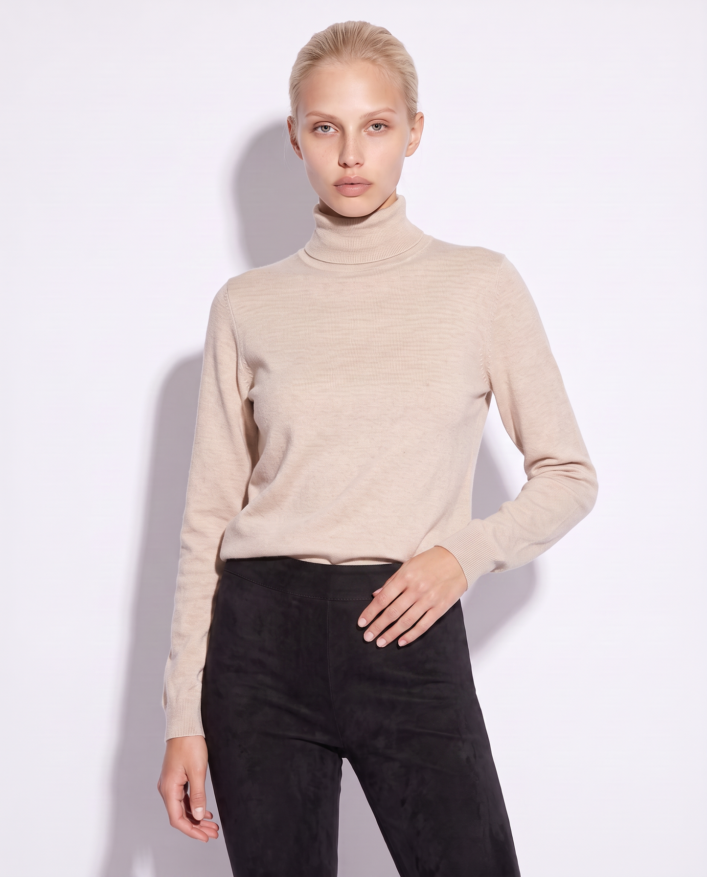 Basic Slim Fit High Neck Pullover - Beige
