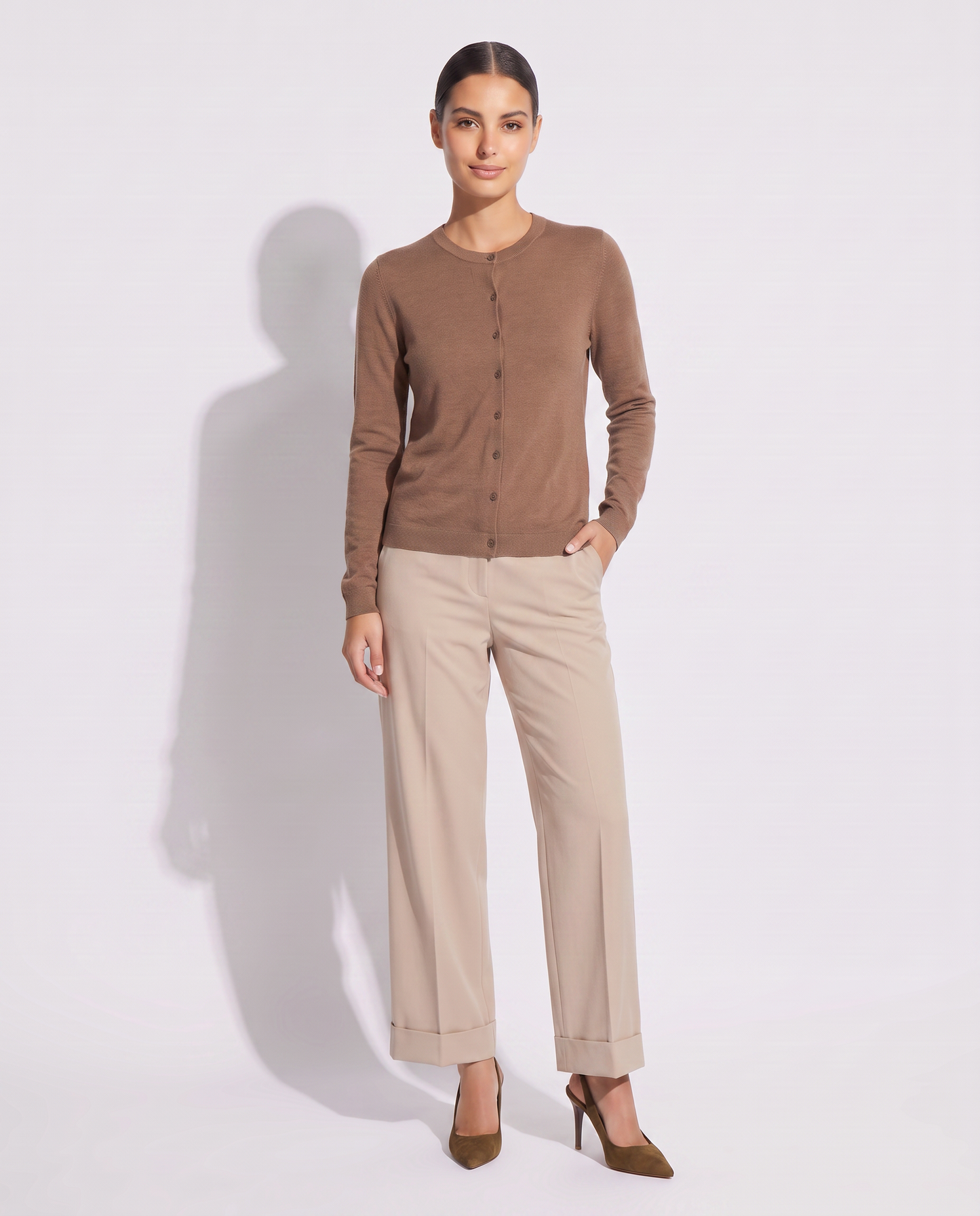 Cardigan basico girocollo vestibilità regolare - Cammello