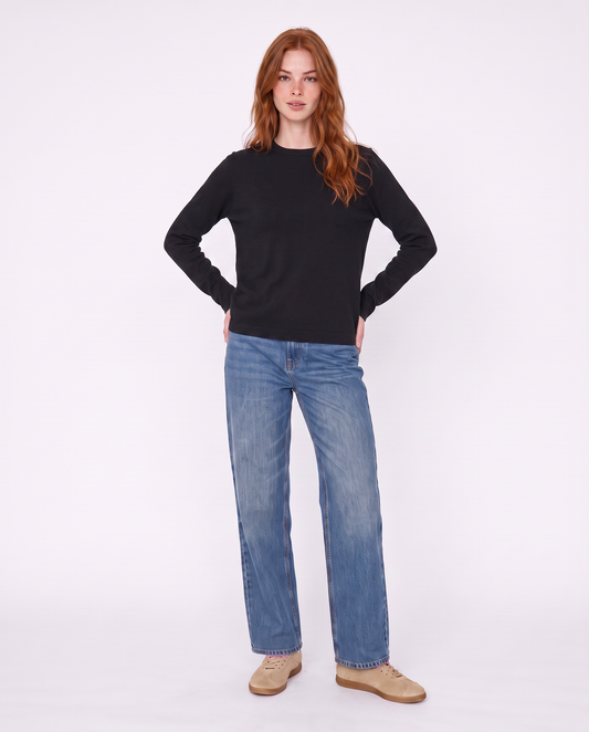 Basic long-sleeve crewneck pullover - Black
