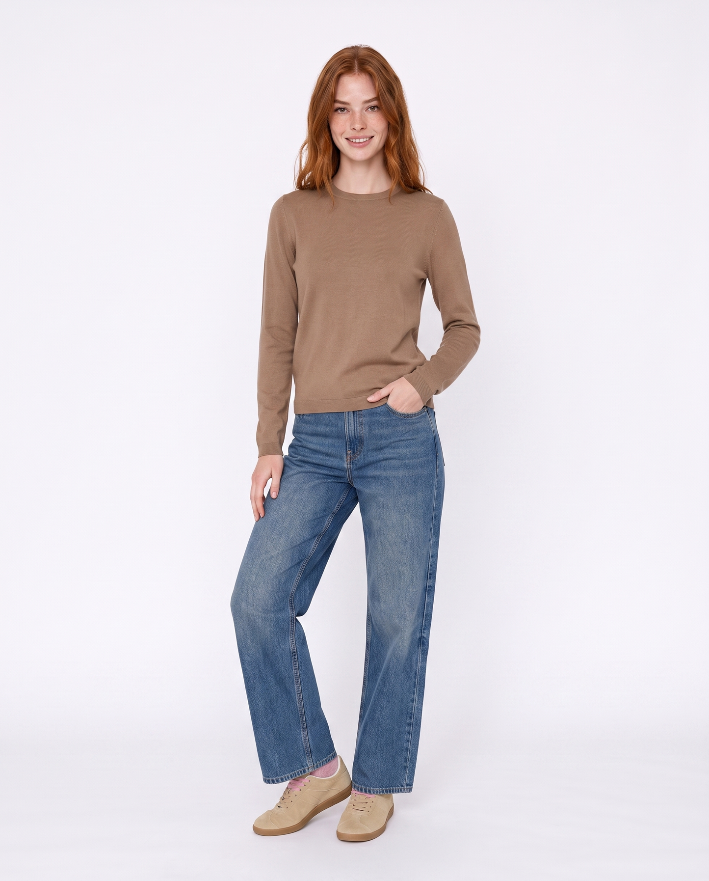 Basic long-sleeve crewneck pullover - BROWN