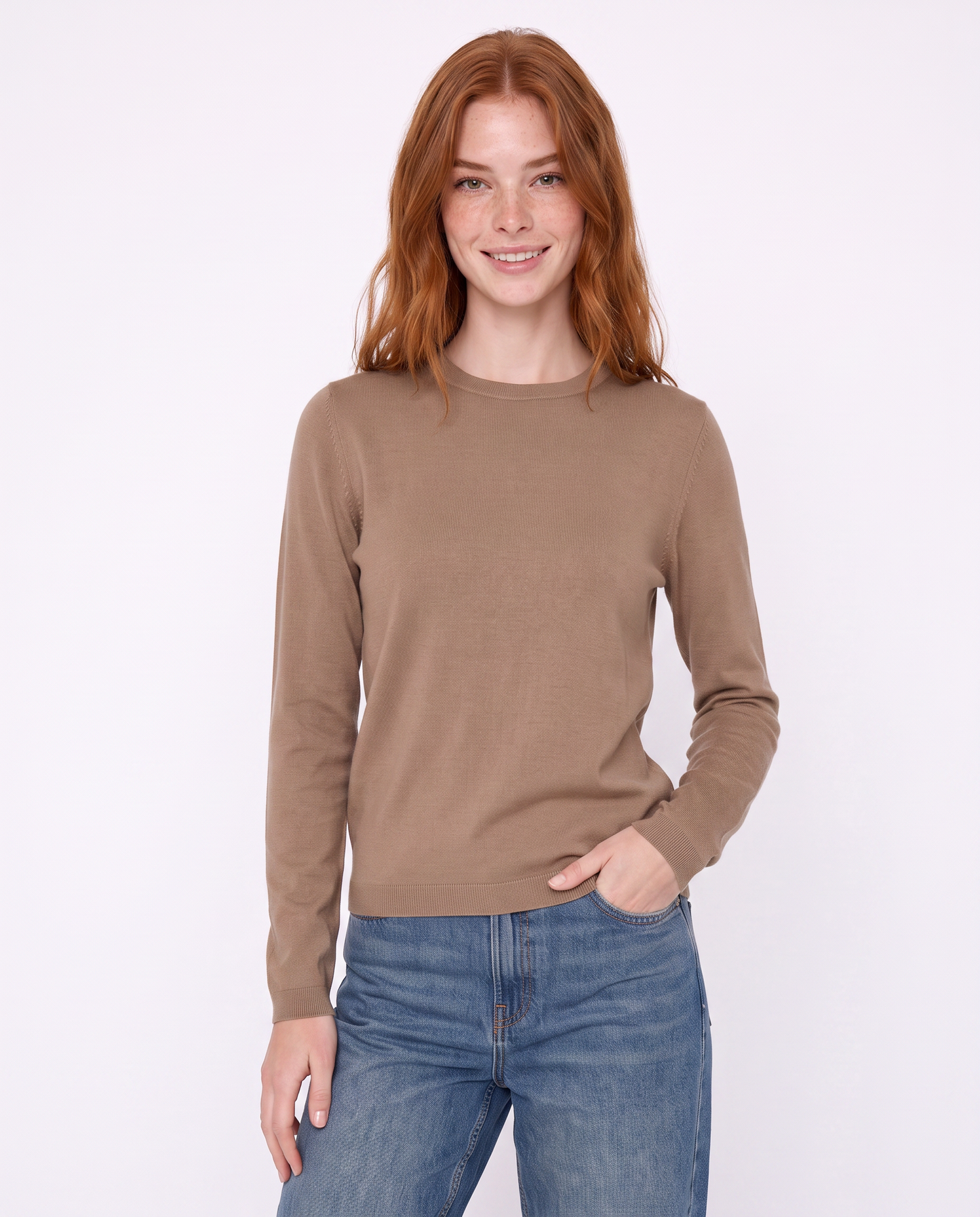 Basic long-sleeve crewneck pullover - BROWN