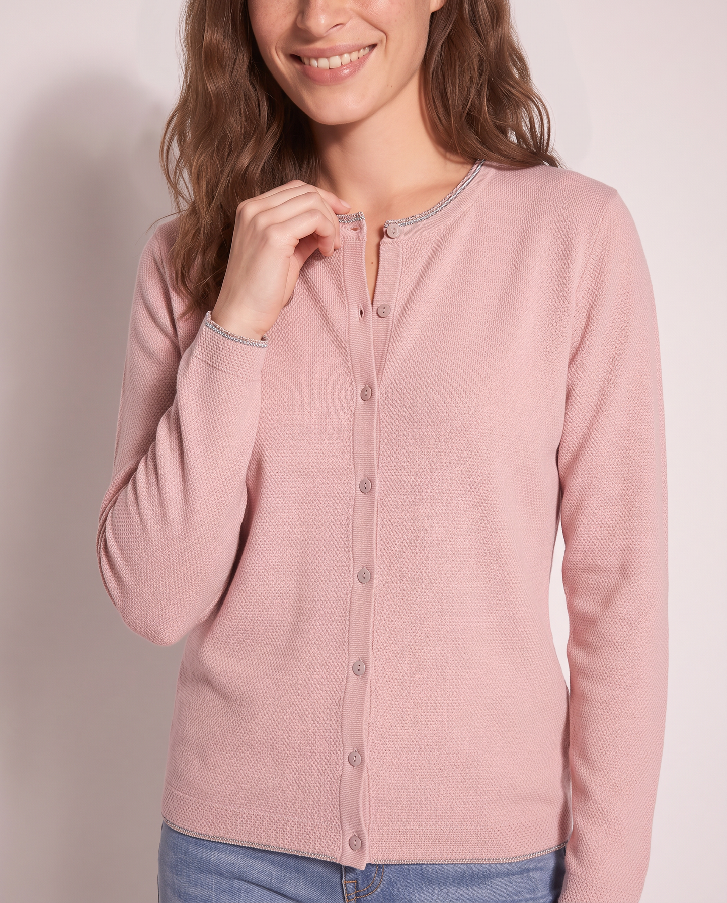 Cardigan Lungo con Bordino Lurex - Rosa polvere