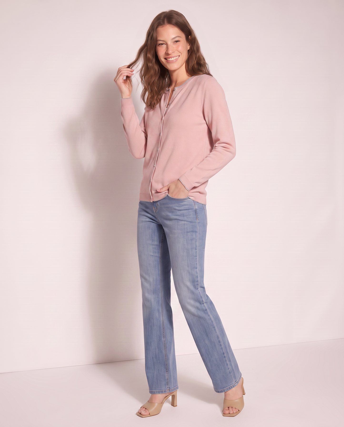 Cardigan Lungo con Bordino Lurex - Rosa polvere