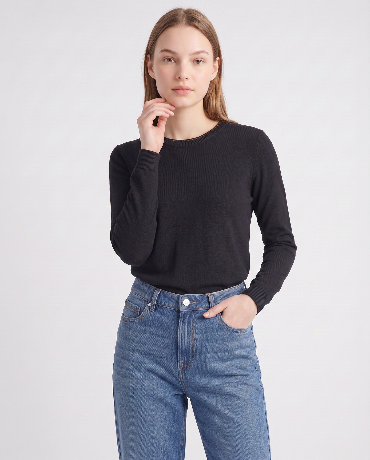 Pullover girocollo con bordino lurex - Nero