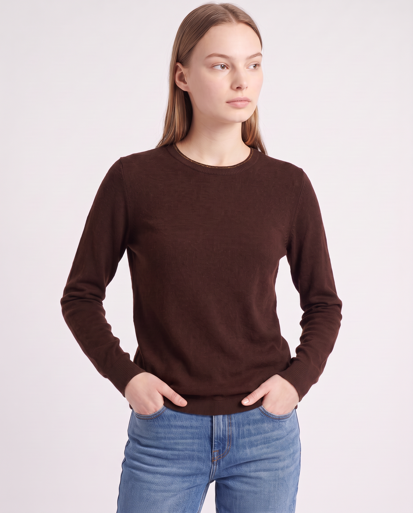 Lurex-trimmed crew neck sweater - Brown