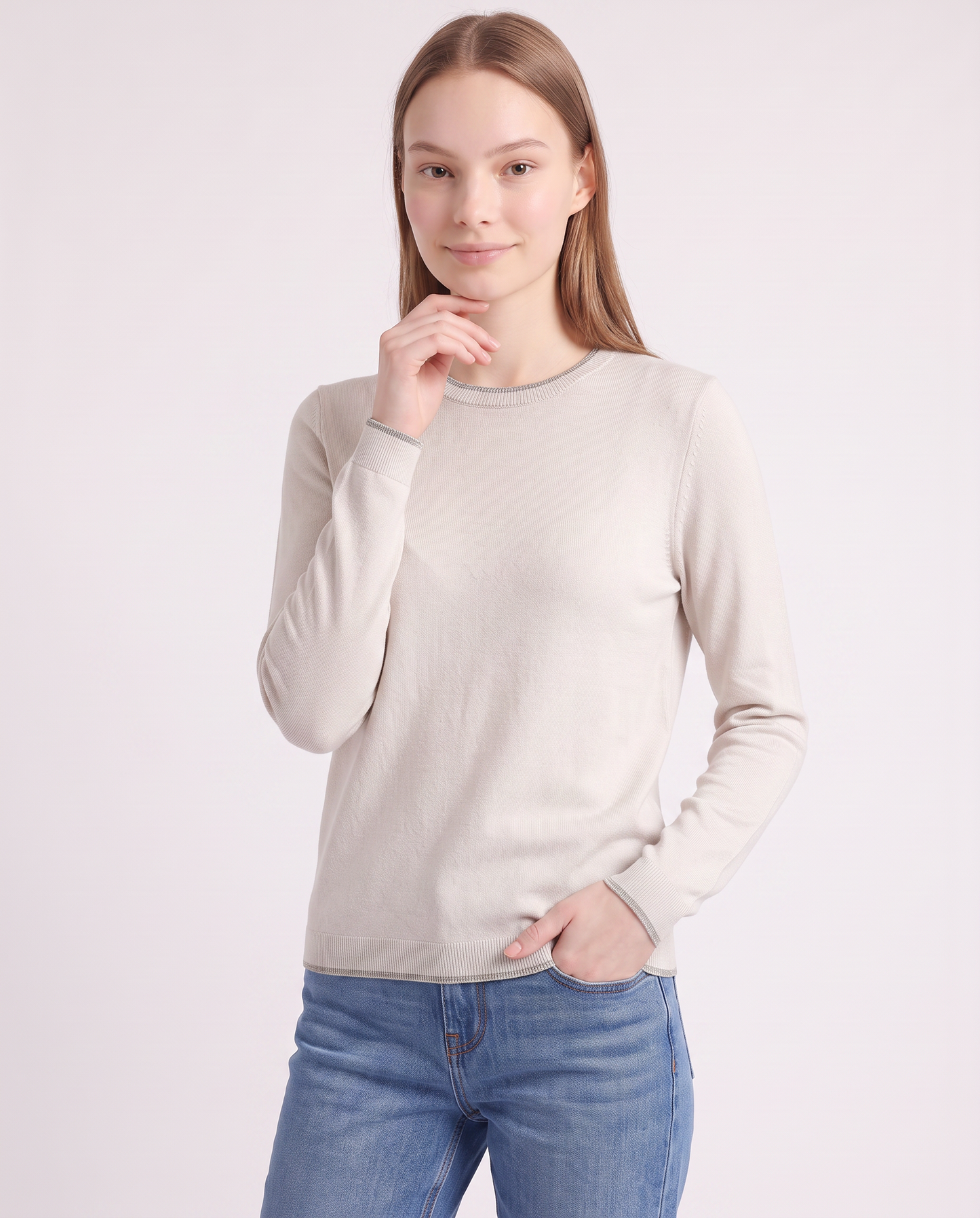Pullover girocollo con bordino lurex - Avorio
