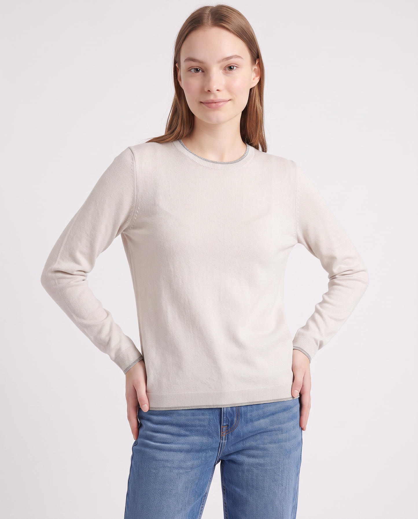 Pullover girocollo con bordino lurex - Avorio