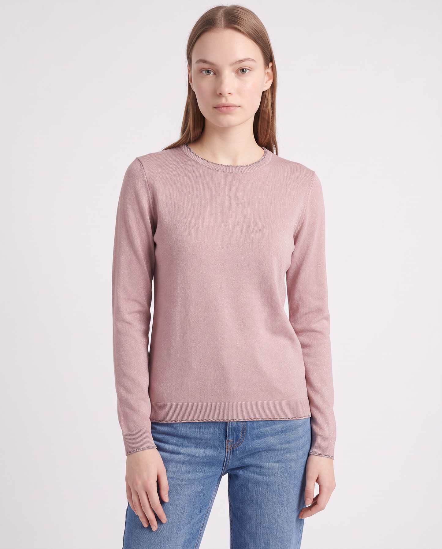 Pullover girocollo con bordino lurex - Rosa polvere