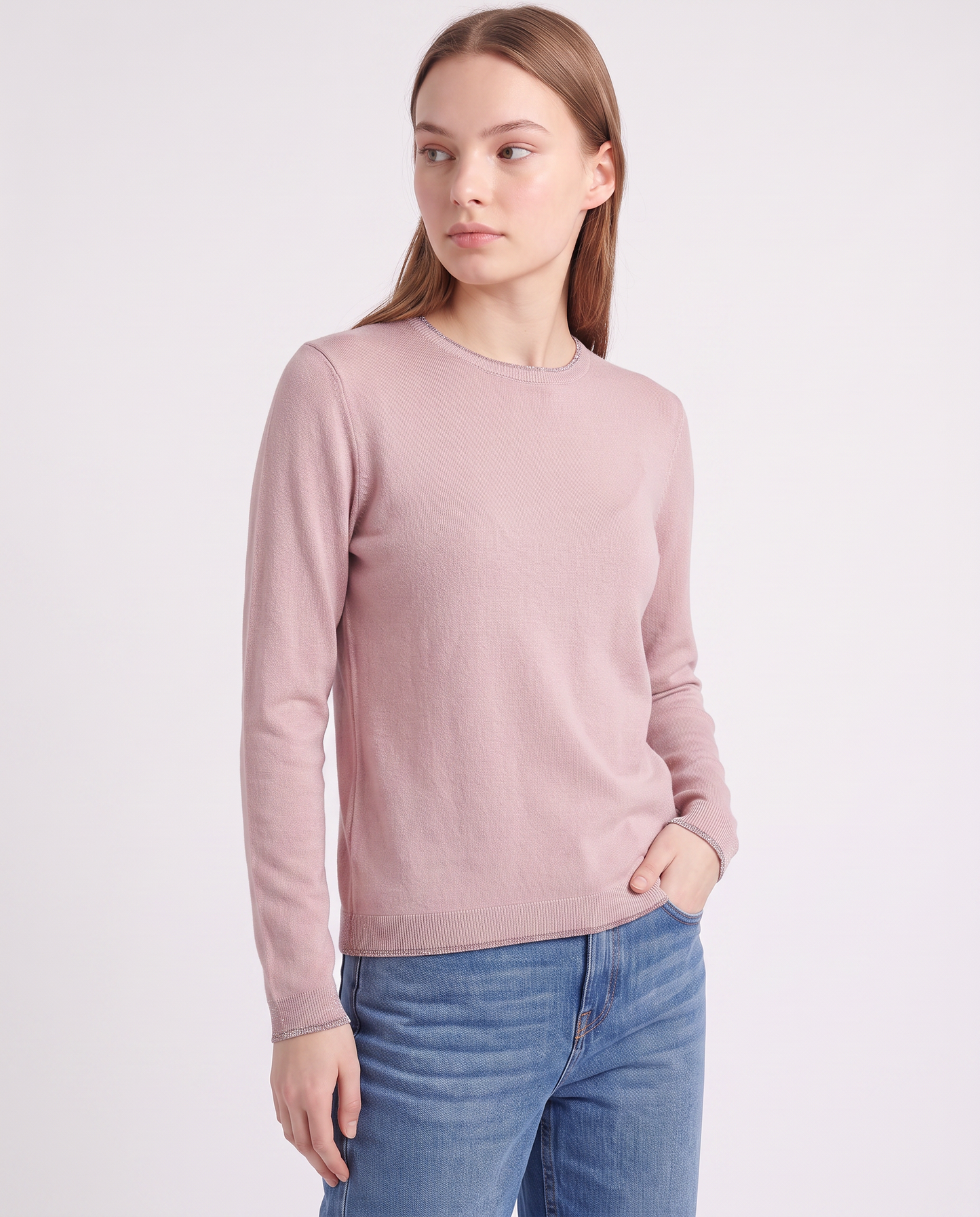 Pullover girocollo con bordino lurex - Rosa polvere
