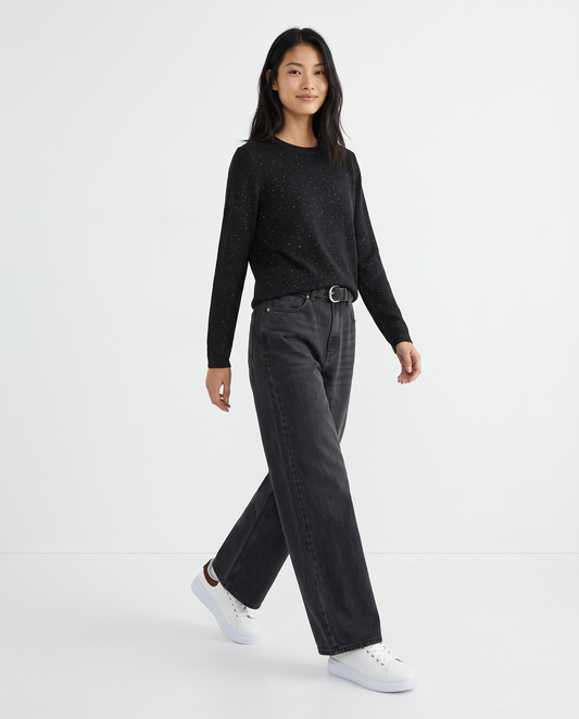 Long sleeve lurex sweater with crew neck - Black