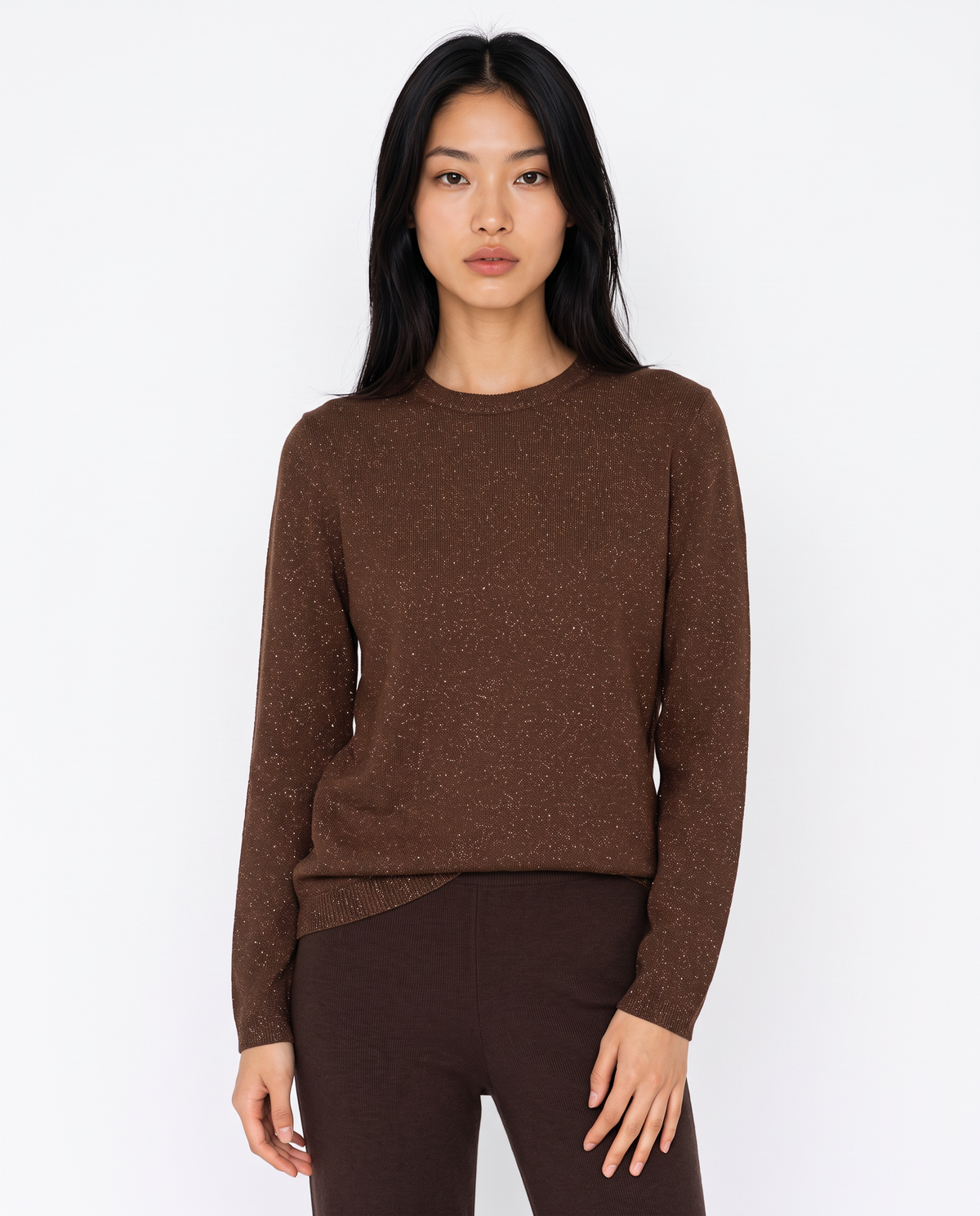 Maglia manica lunga lurex con collo paricollo - Marrone cioccolato