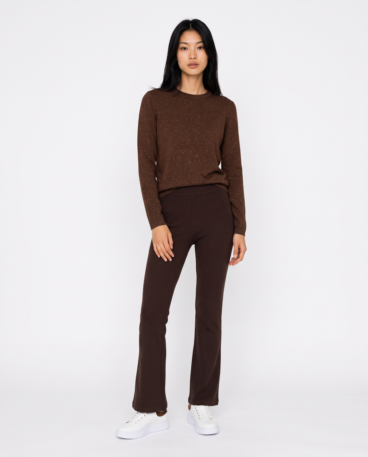 Maglia manica lunga lurex con collo paricollo - Marrone cioccolato