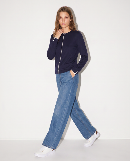 Cardigan girocollo con contrasto elegante - Blu