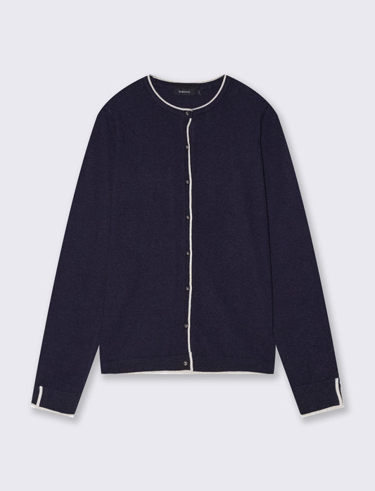 Elegant contrast crew neck cardigan - Blue