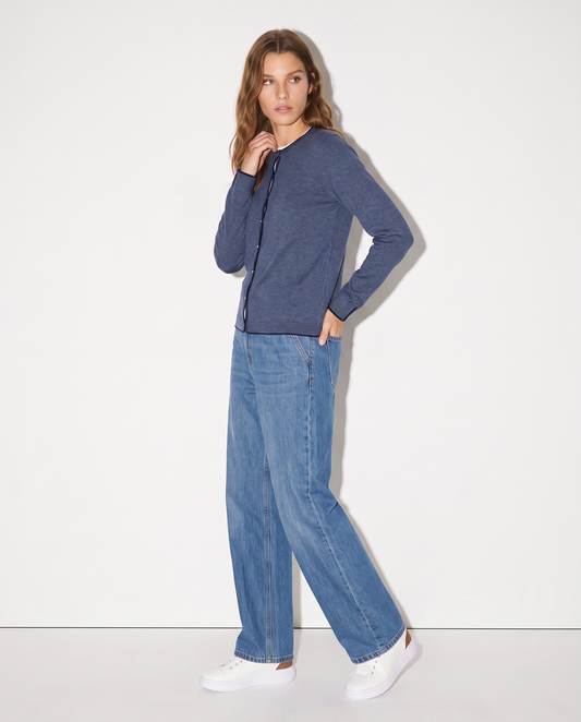 Cardigan girocollo con contrasto elegante - Denim