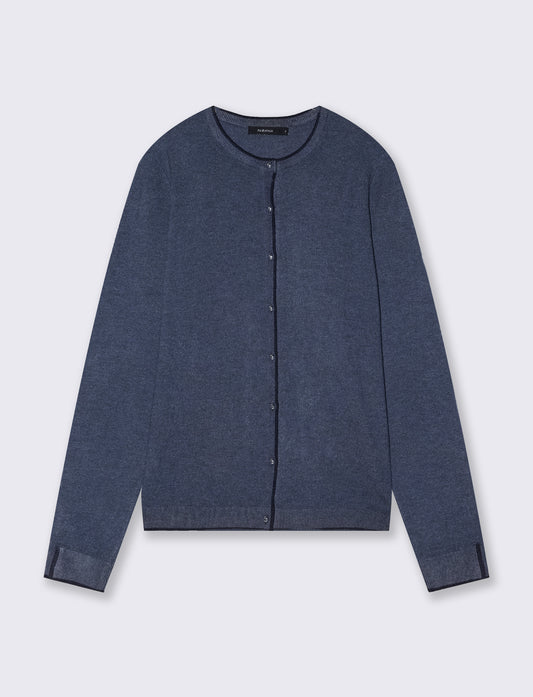 Elegant contrast crew neck cardigan - Blue