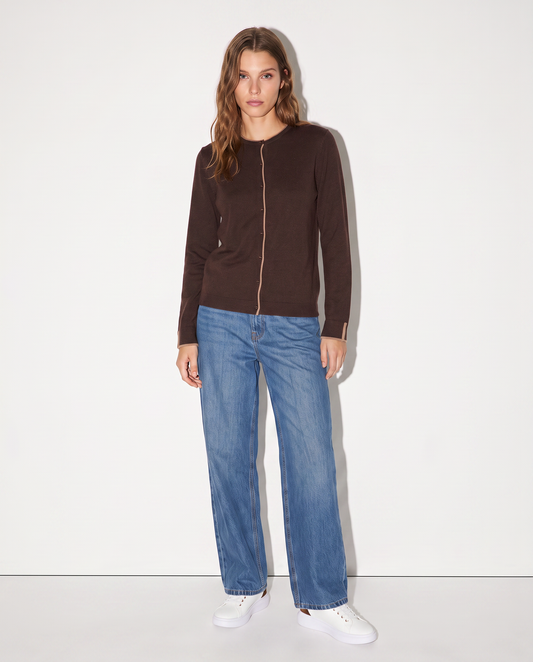 Cardigan girocollo con contrasto elegante - Moro