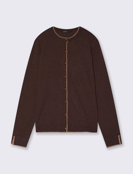 Elegant contrast crew neck cardigan - Brown