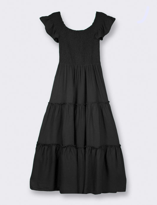 Front Button Dress with Belt, Flared Line - Black