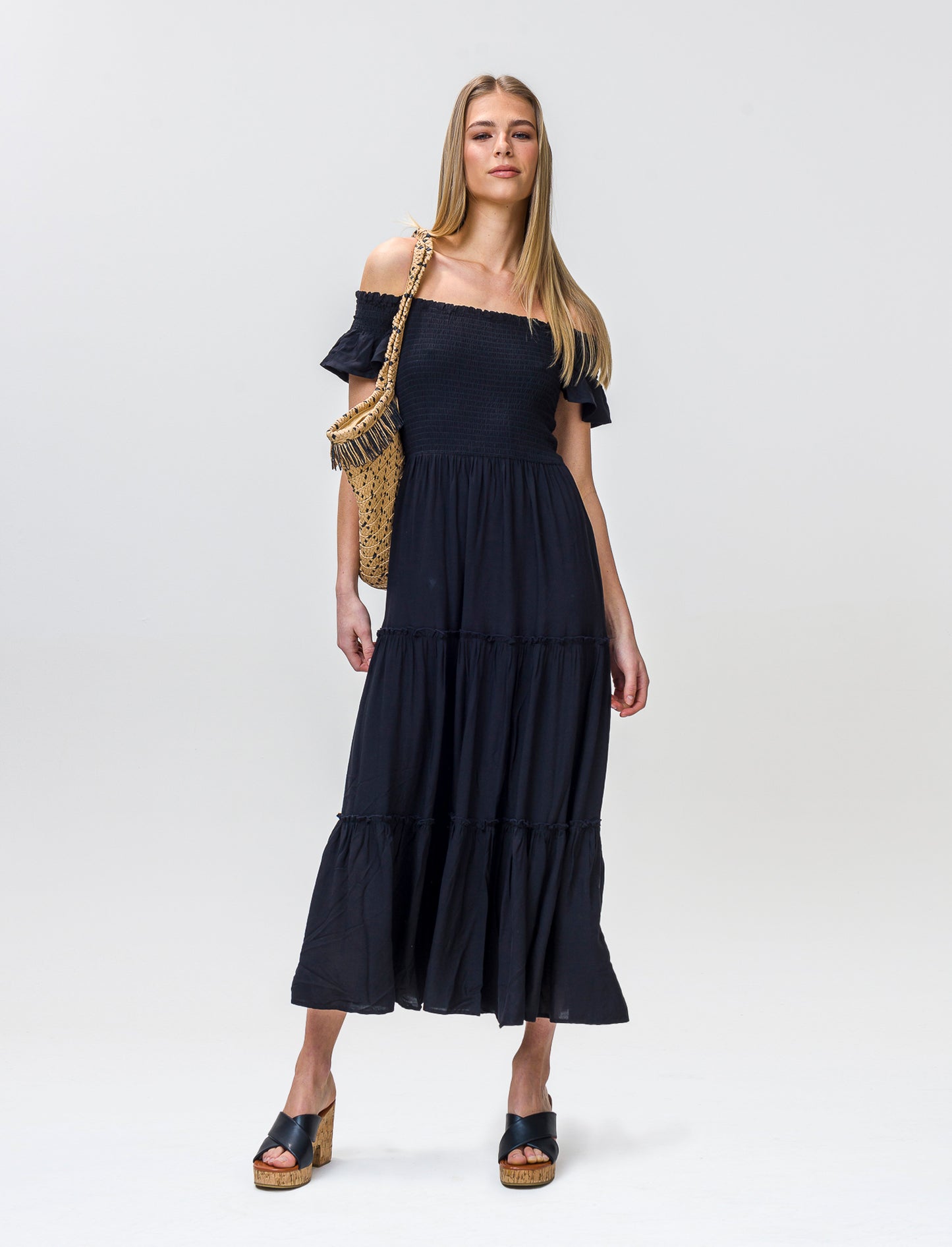 Front Button Dress with Belt, Flared Line - Black