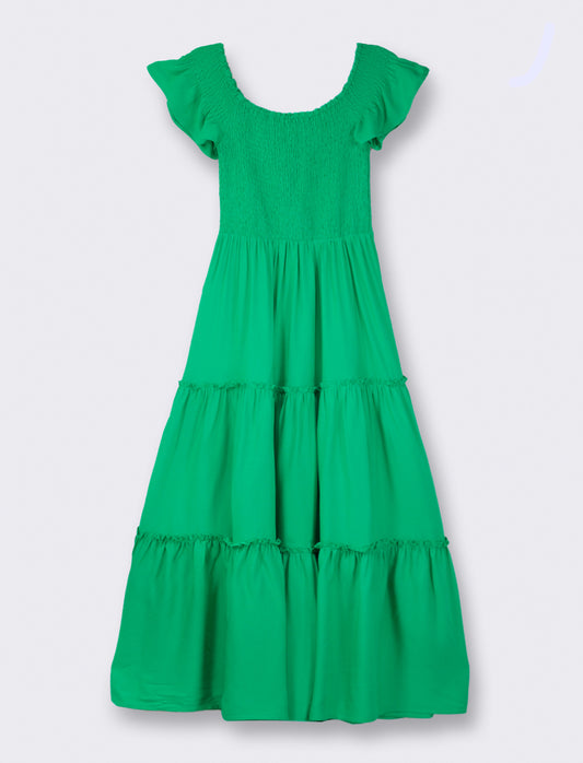 Front Button Dress with Belt, Flared Line - Green