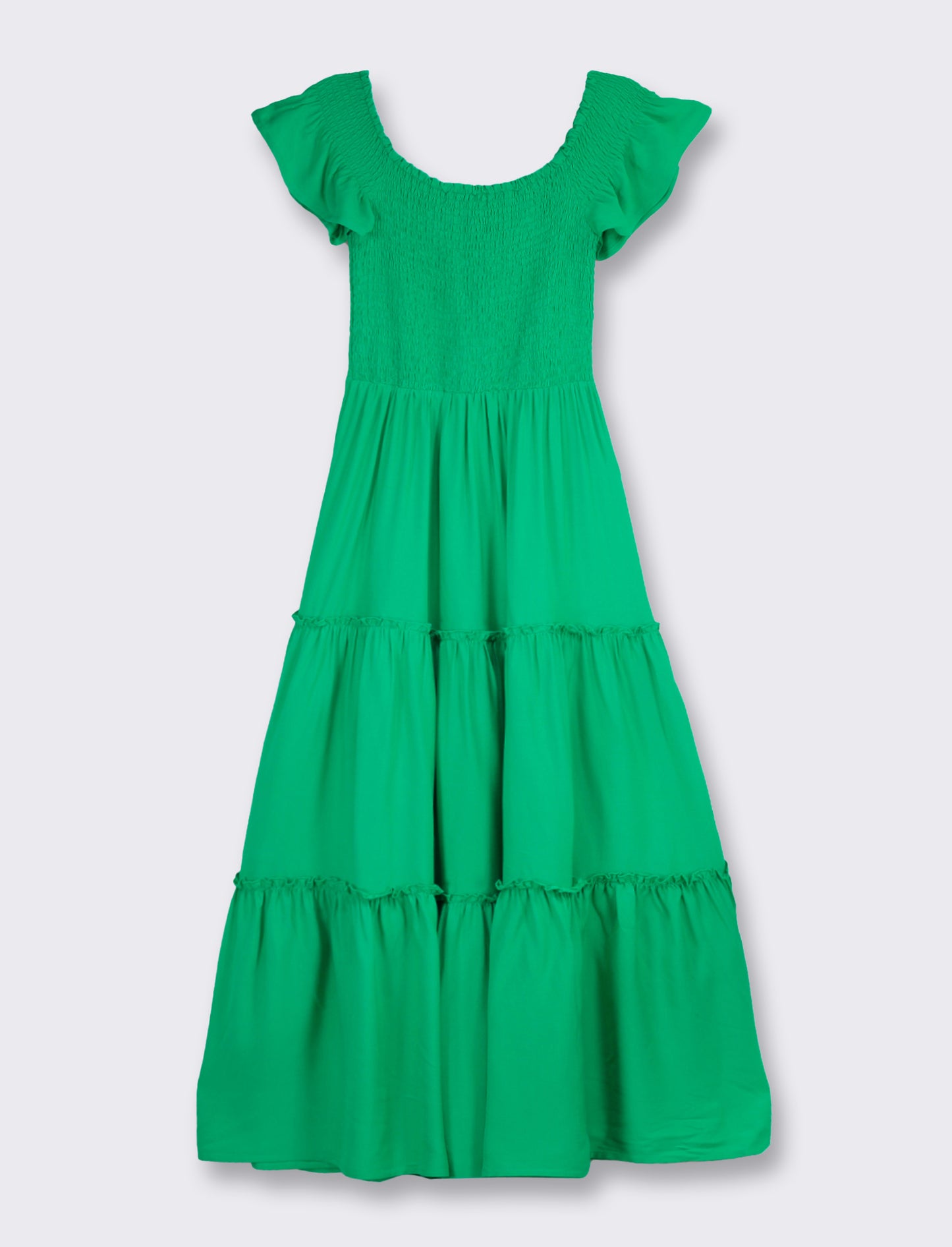 Front Button Dress with Belt, Flared Line - Green