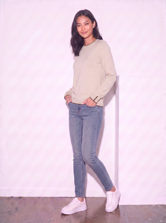 Regular Contrast Crew Neck Sweater - Beige
