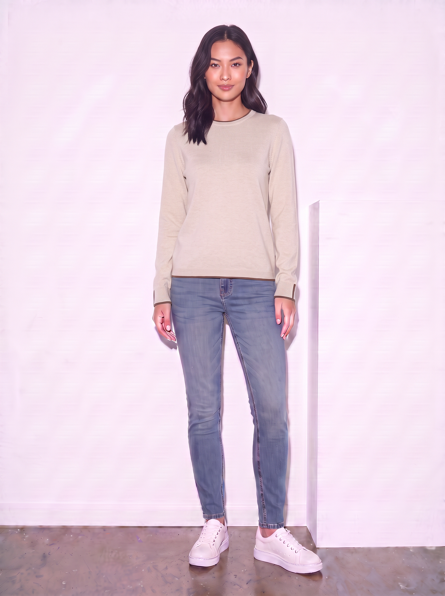 Regular Contrast Crew Neck Sweater - Beige