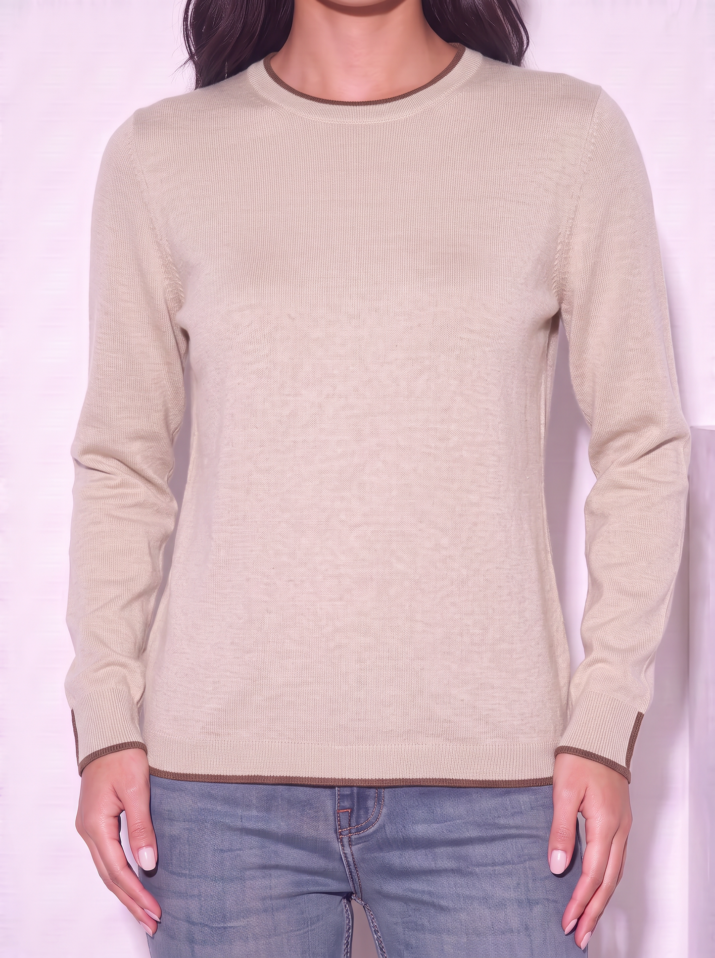 Regular Contrast Crew Neck Sweater - Beige