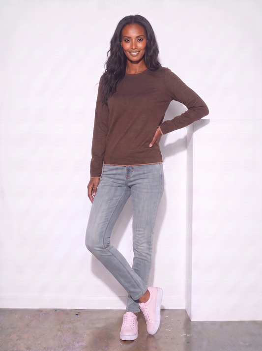 Regular Contrast Crew Neck Sweater - Brown