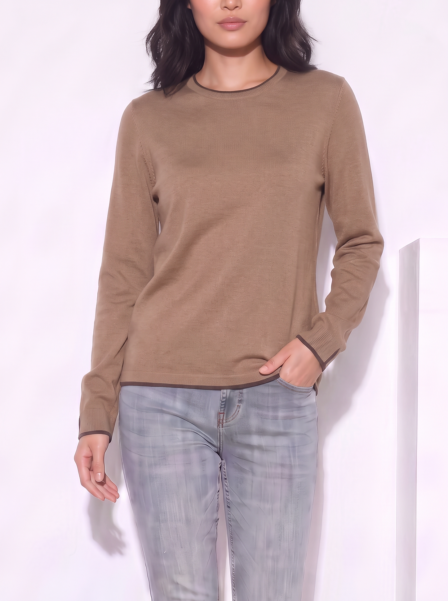 Pullover girocollo con contrasto regolare - Cammello
