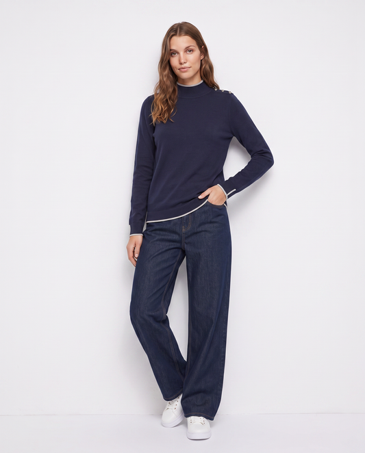 Pullover collo alto con contrasto e bottoni - Blu
