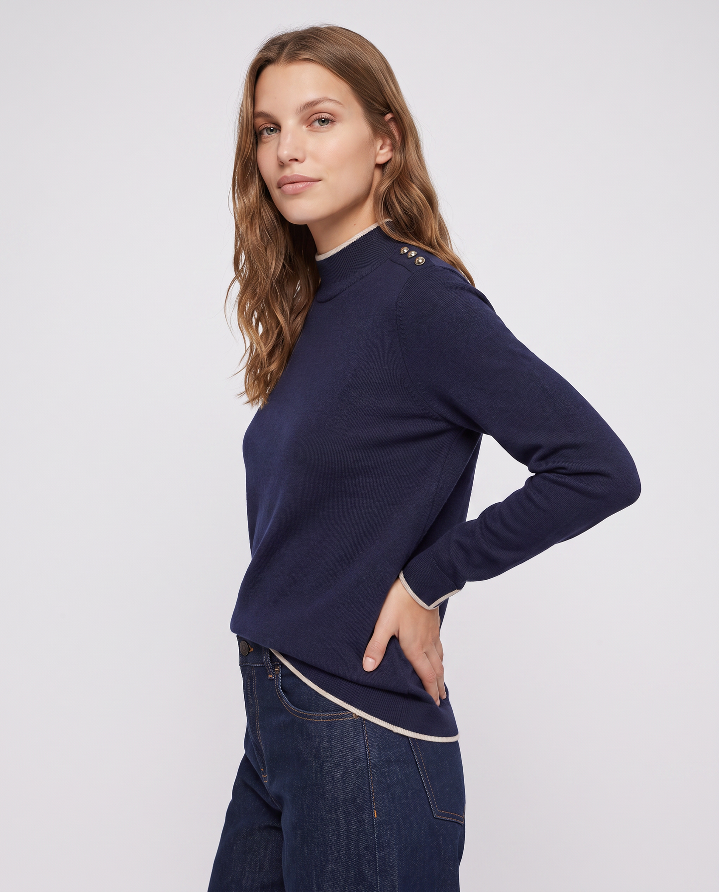 Pullover collo alto con contrasto e bottoni - Blu