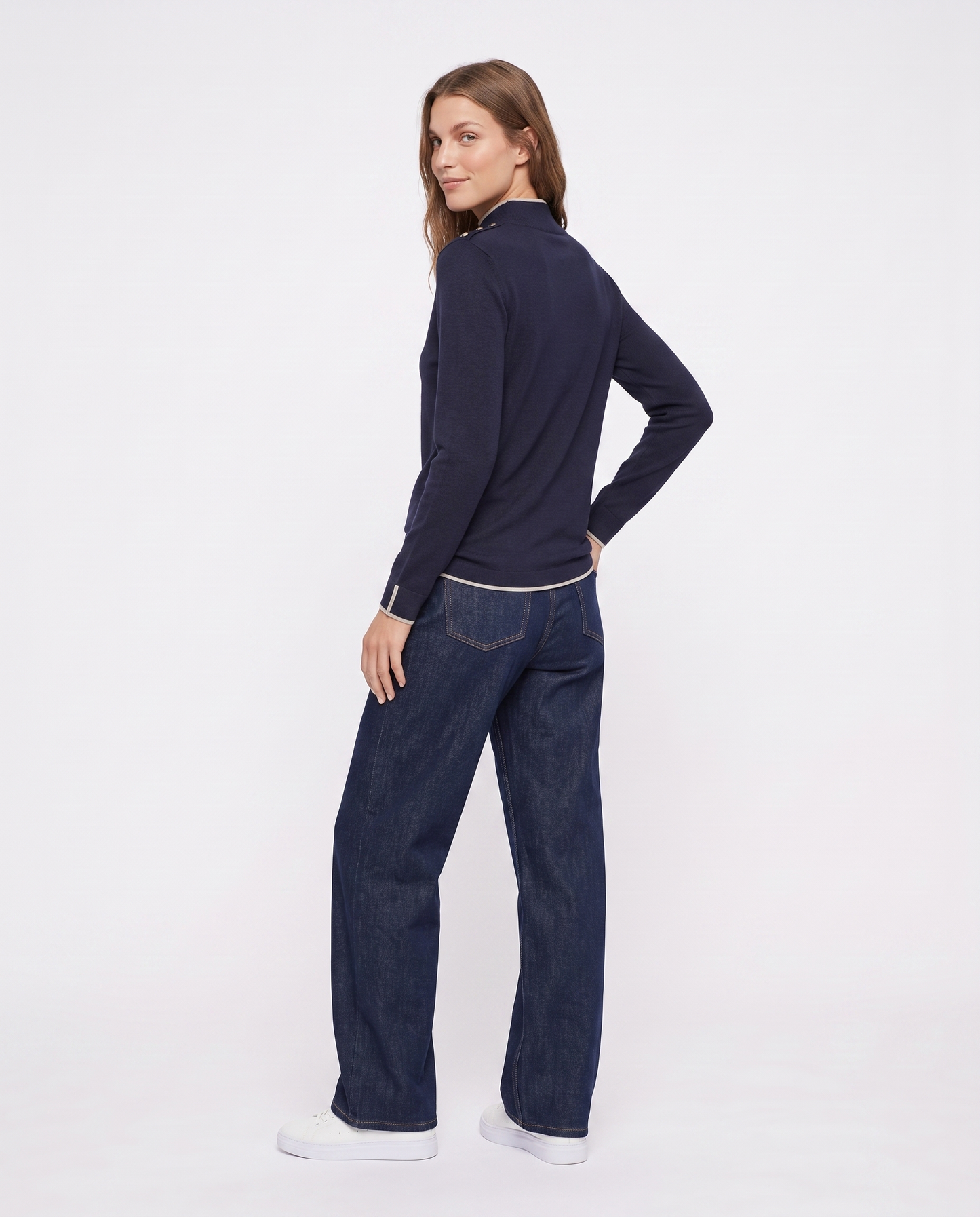Pullover collo alto con contrasto e bottoni - Blu