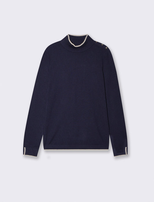 Pullover collo alto con contrasto e bottoni - Blu