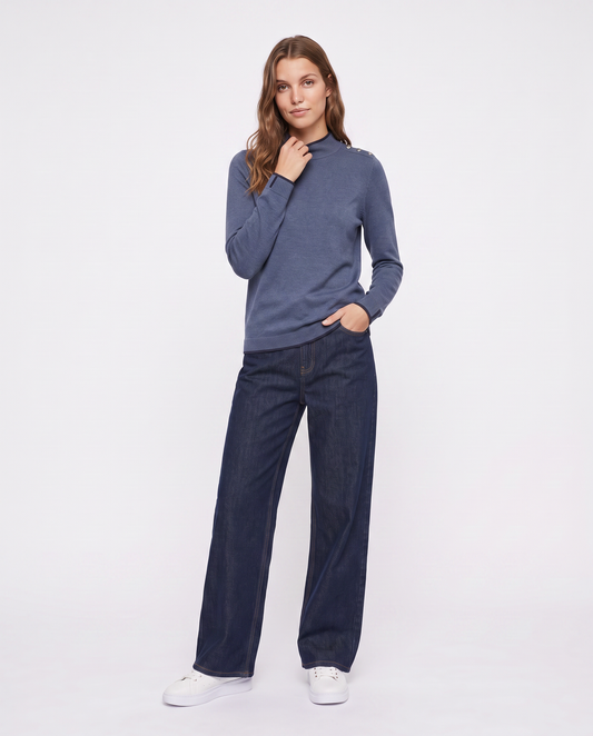 Pullover collo alto con contrasto e bottoni - Denim