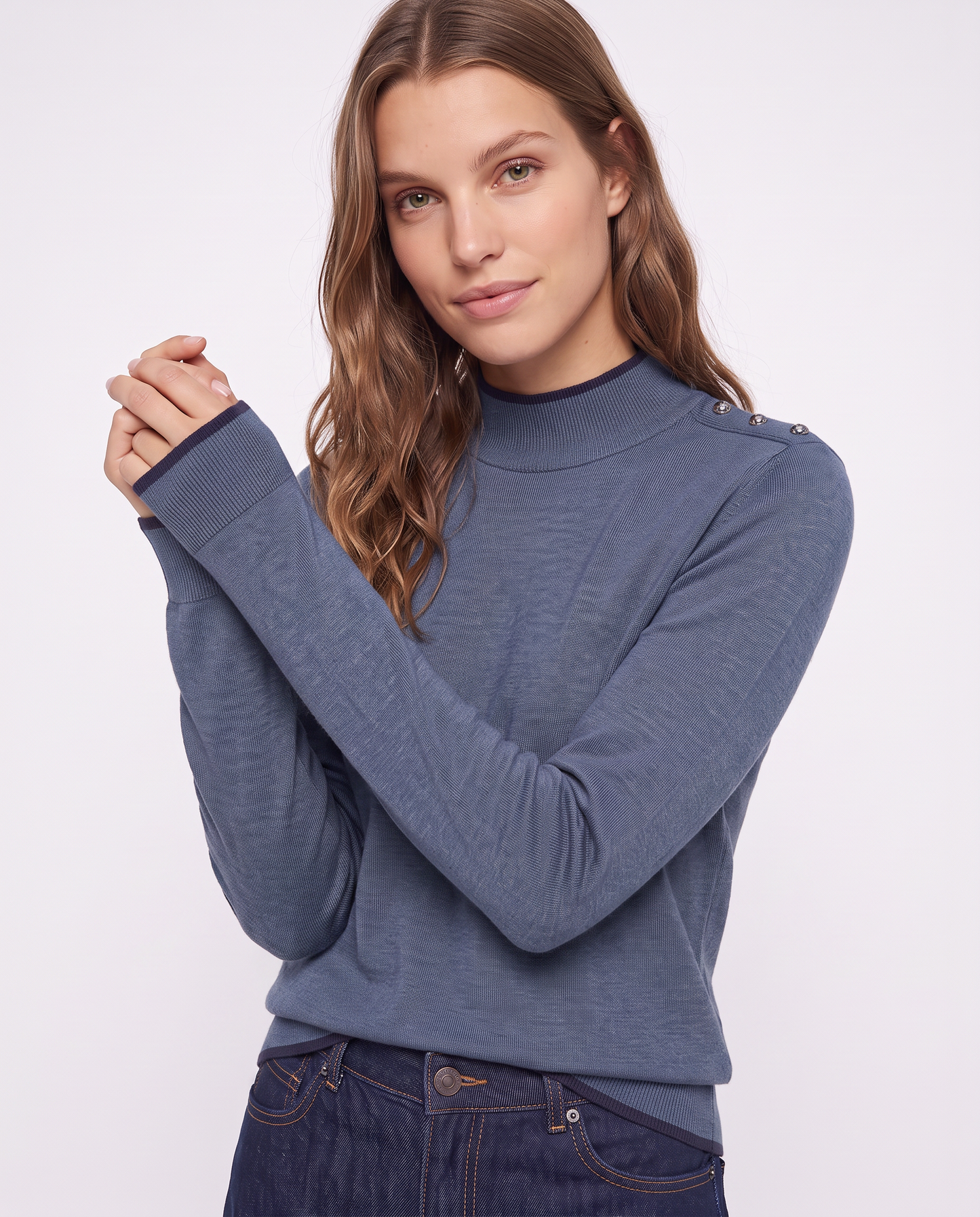 Pullover collo alto con contrasto e bottoni - Denim