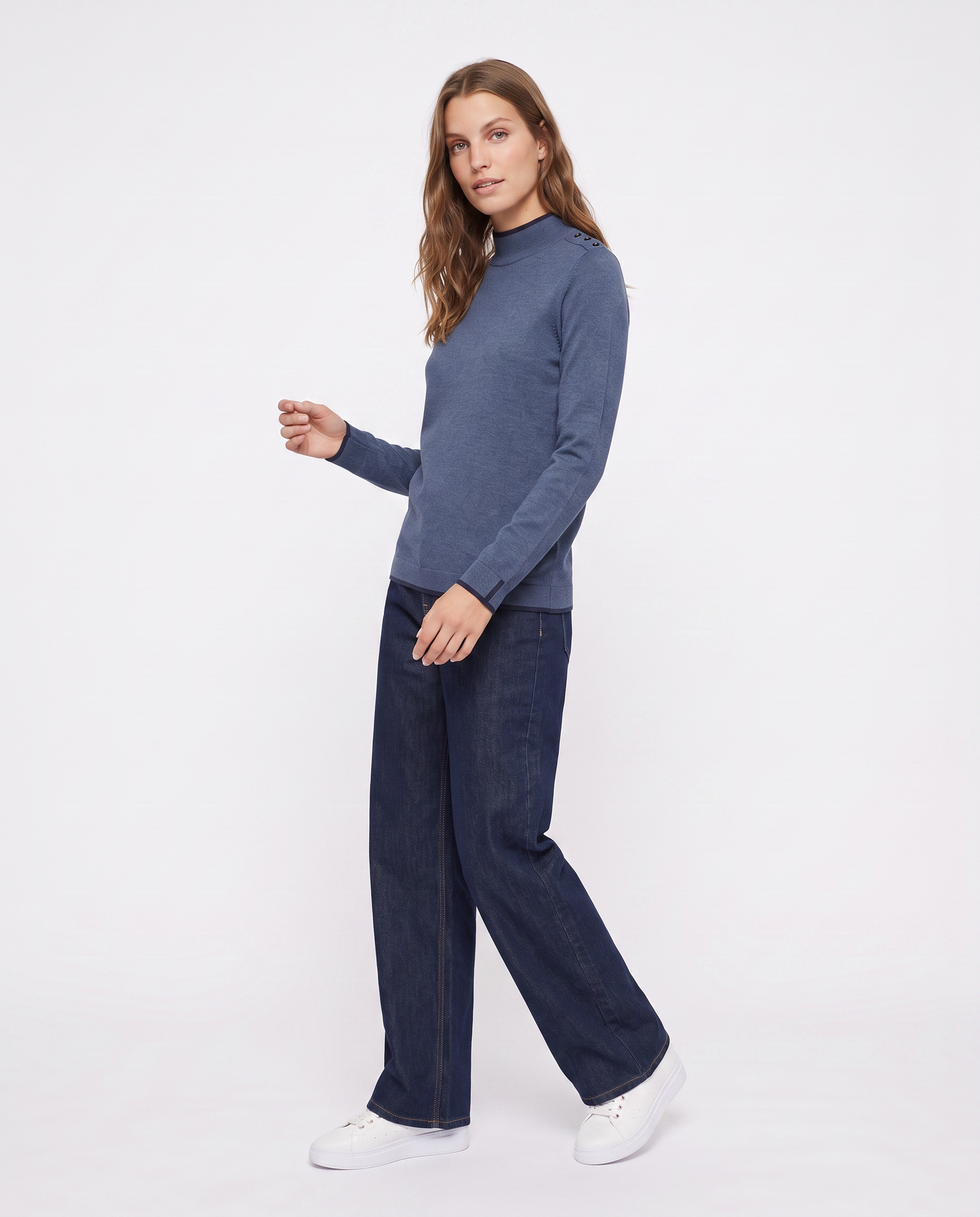Pullover collo alto con contrasto e bottoni - Denim