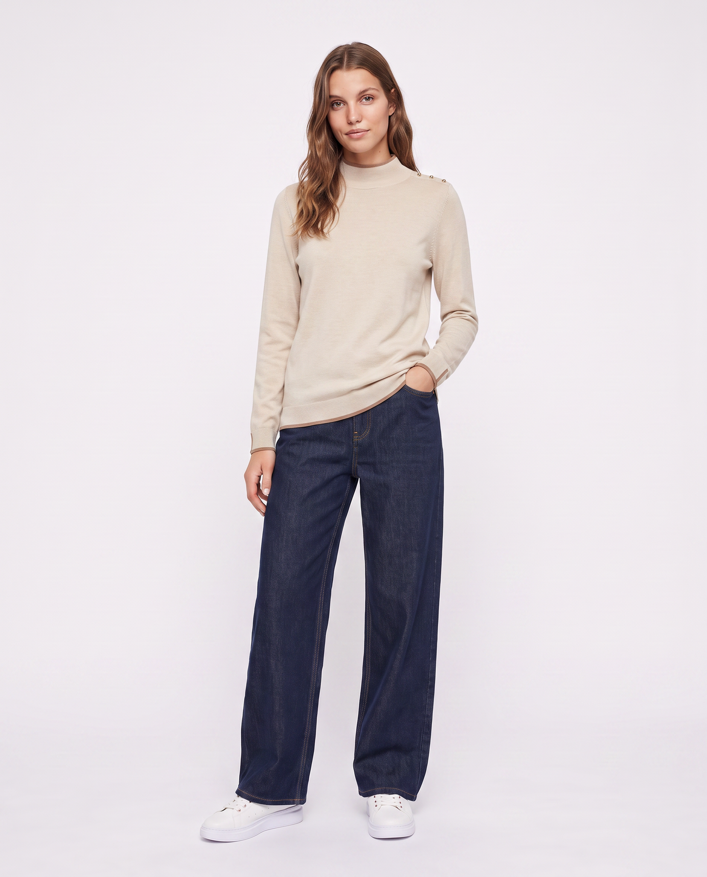 Pullover collo alto con contrasto e bottoni - Avorio