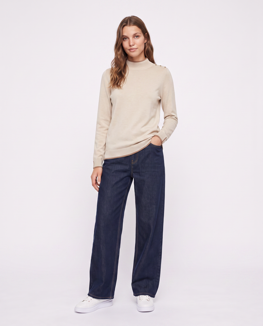 Pullover collo alto con contrasto e bottoni - Avorio