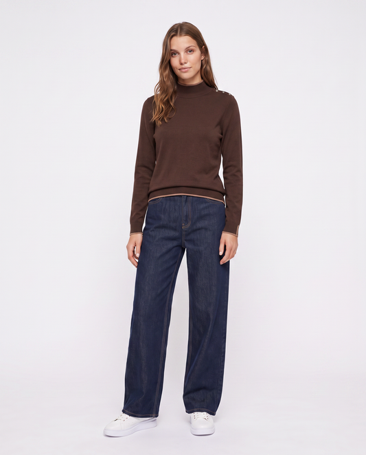Pullover collo alto con contrasto e bottoni - Moro