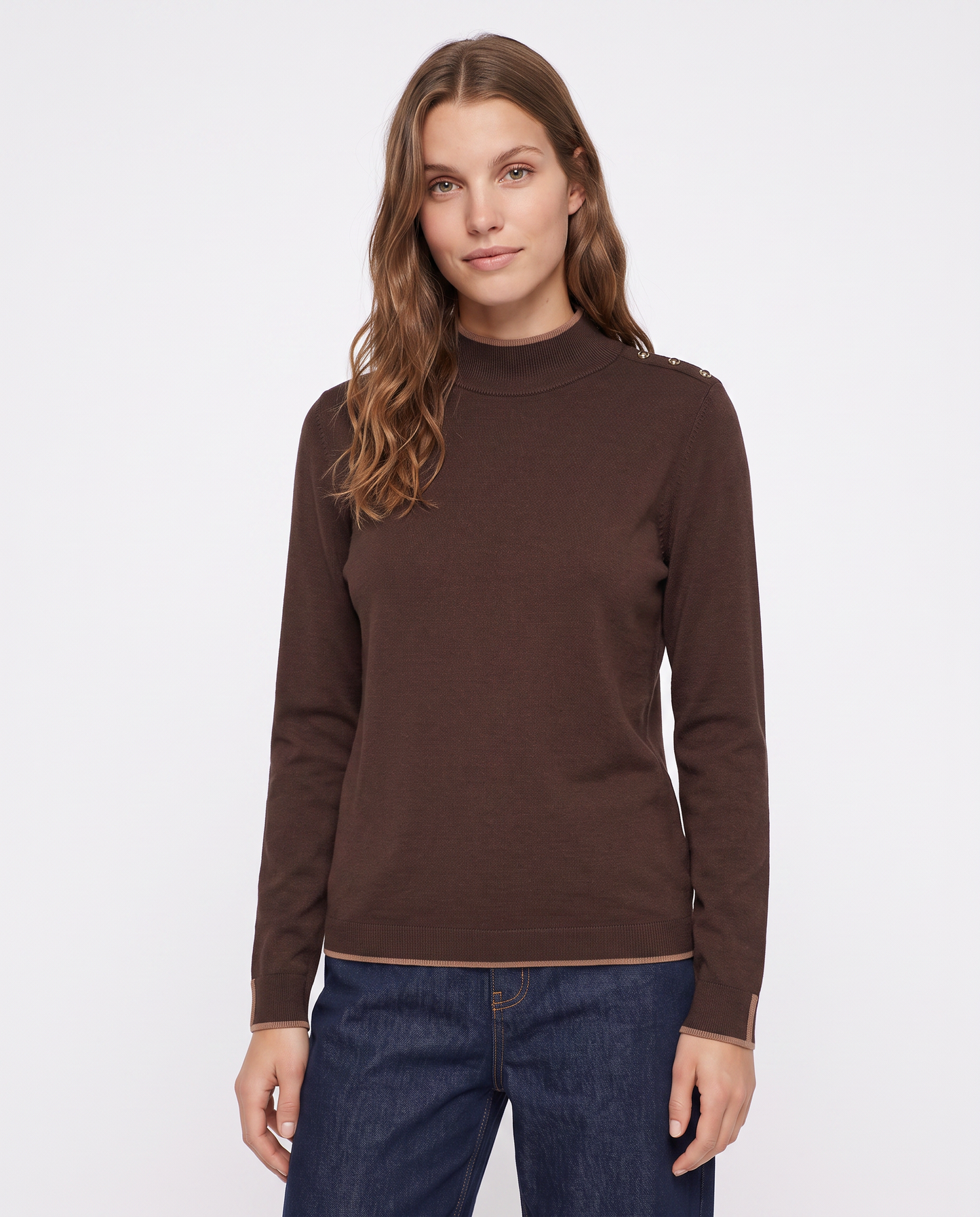 Pullover collo alto con contrasto e bottoni - Moro