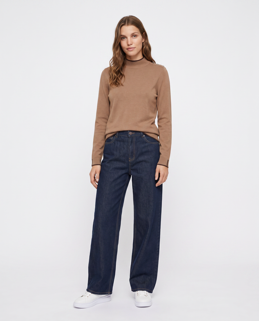 Pullover collo alto con contrasto e bottoni - Cammello