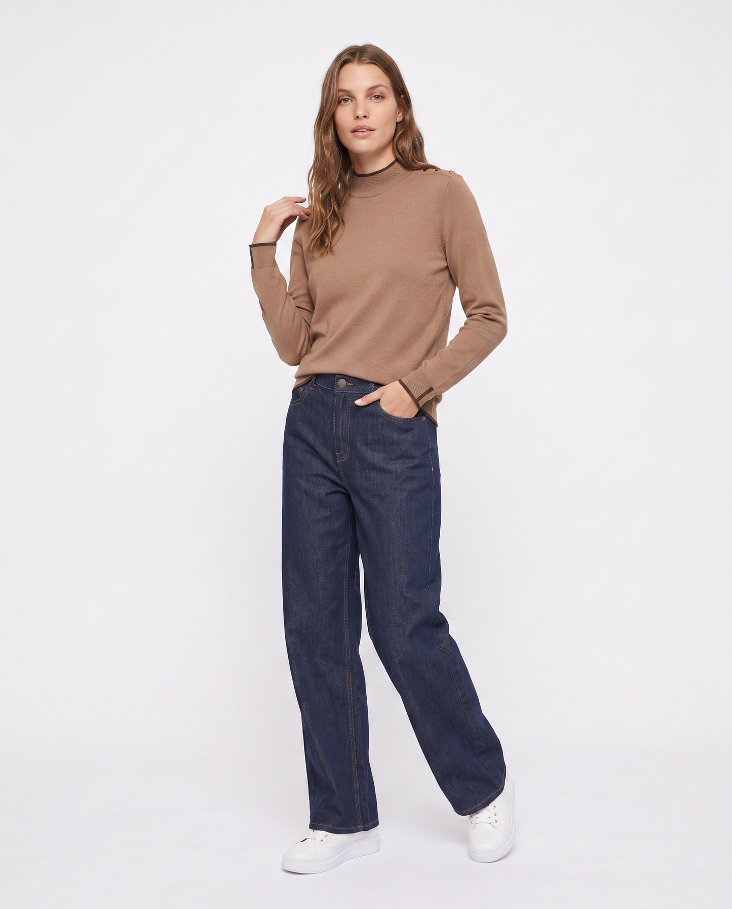 Pullover collo alto con contrasto e bottoni - Cammello