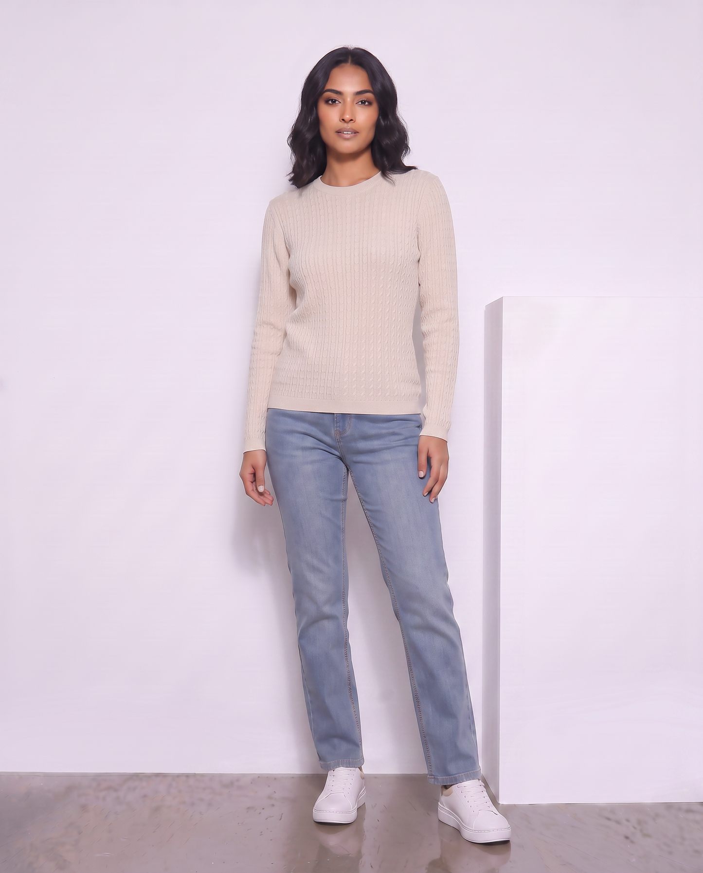 Long Sleeve Crew Neck Cable Knit Sweater - Beige
