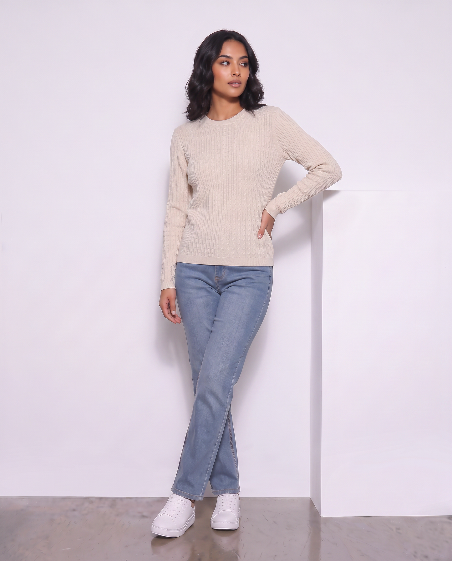 Long Sleeve Crew Neck Cable Knit Sweater - Beige