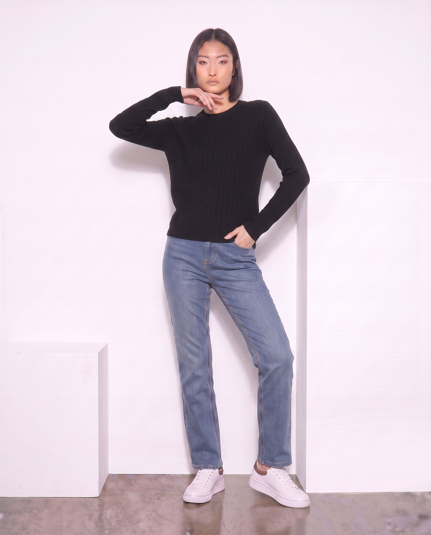 Pullover a trecce manica lunga girocollo - Nero