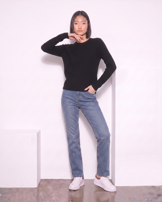 Long Sleeve Crew Neck Cable Knit Sweater - Black