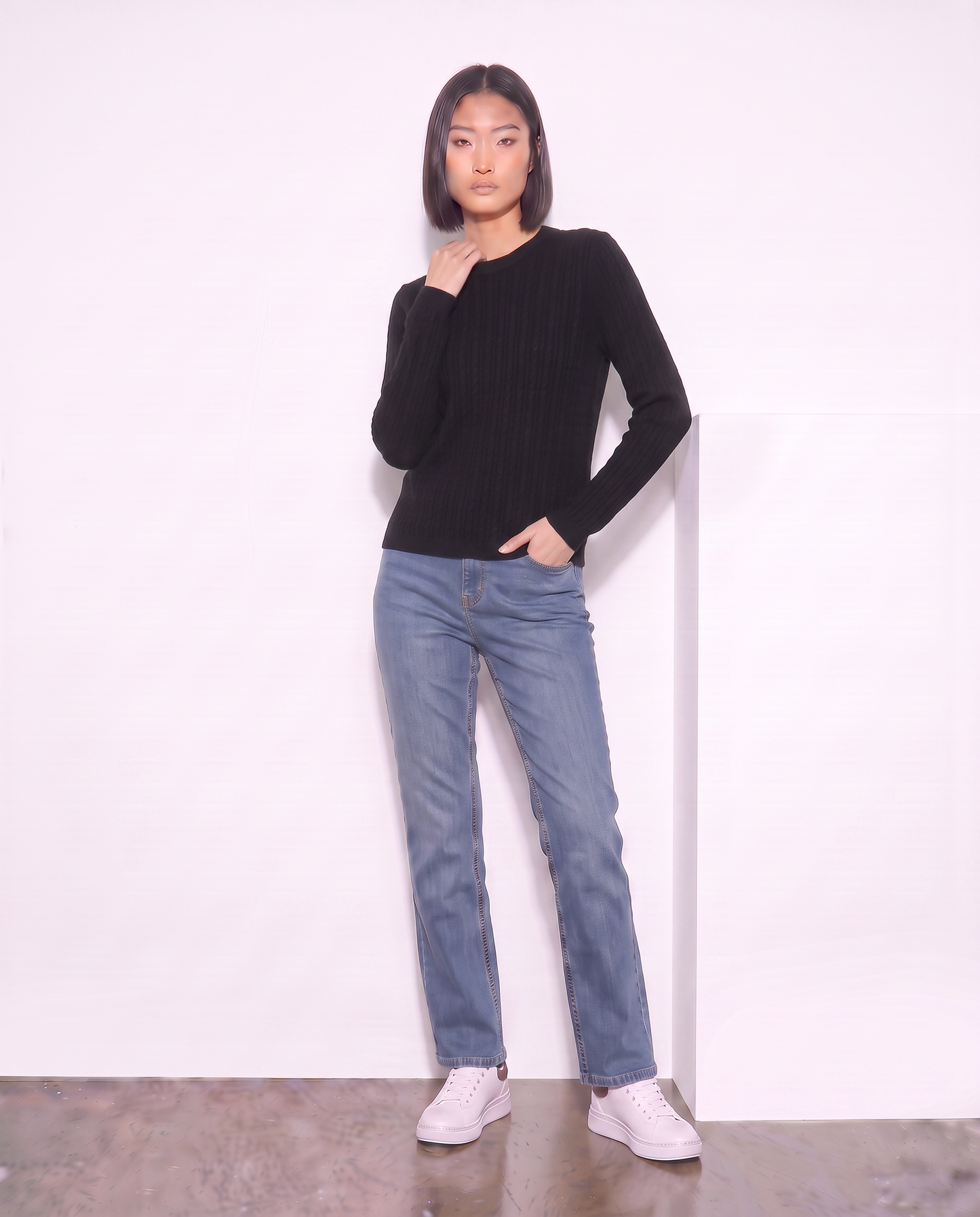 Pullover a trecce manica lunga girocollo - Nero