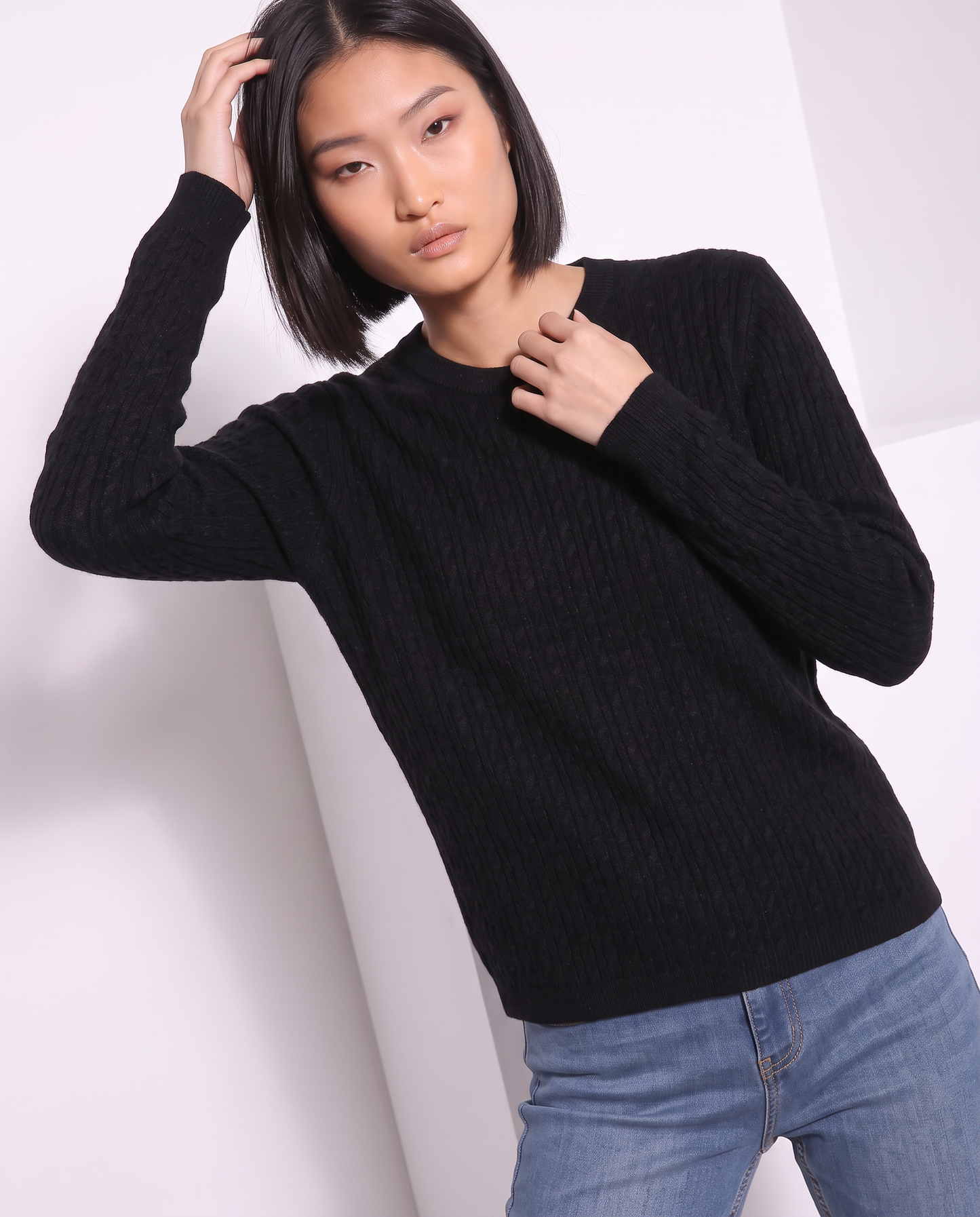 Pullover a trecce manica lunga girocollo - Nero